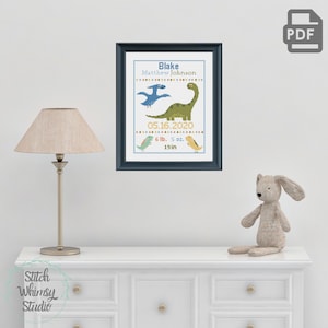 Baby Boy Nursery Dinosaur DIY Personalized Counted Cross Stitch Pattern PDF Instant Digital Download