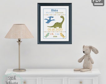 Baby Boy Nursery Dinosaur DIY Personalized Counted Cross Stitch Pattern PDF Instant Digital Download