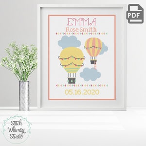 Customizable Baby Girl Birth Announcement Hot Air Balloon DIY Personalized Nursery Cross Stitch Pattern PDF Digital Download