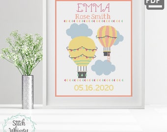 Customizable Baby Girl Birth Announcement Hot Air Balloon DIY Personalized Nursery Cross Stitch Pattern PDF Digital Download