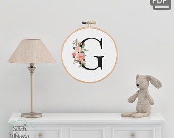 Letter G Floral Monogram Cross Stitch Pattern (PDF Download)