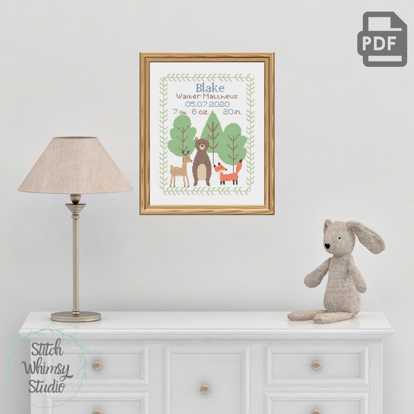 Baby Boy Nursery Forest Woodland Critters Animal Birth Announcement Personalized Counted Cross Stitch Pattern PDF Instant Digital Download