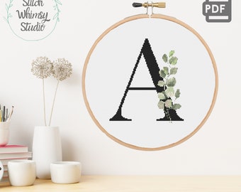 Letter A Eucalyptus Botanical Monogram Initial Counted Cross Stitch Pattern PDF Digital Download