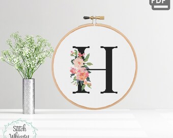 Letter H Floral Monogram Cross Stitch Pattern (PDF Digital Download)
