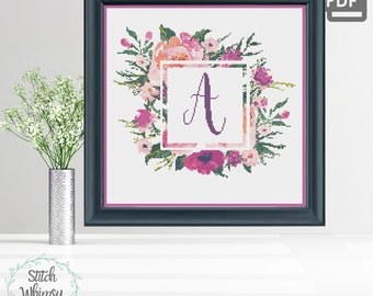 Letter A Floral Monogram Cross Stitch Pattern (PDF Digital Download)