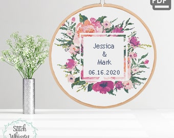 Floral Botanical Peony Wedding Announcement DIY Personalized Counted Cross Stitch Pattern PDF Instant Digital Download