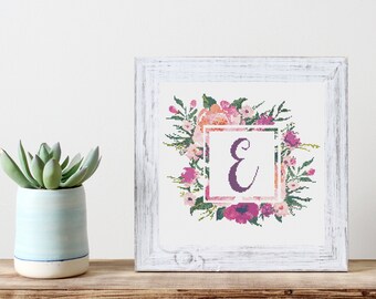 Letter E Floral Monogram Cross Stitch Pattern (PDF Digital Download)