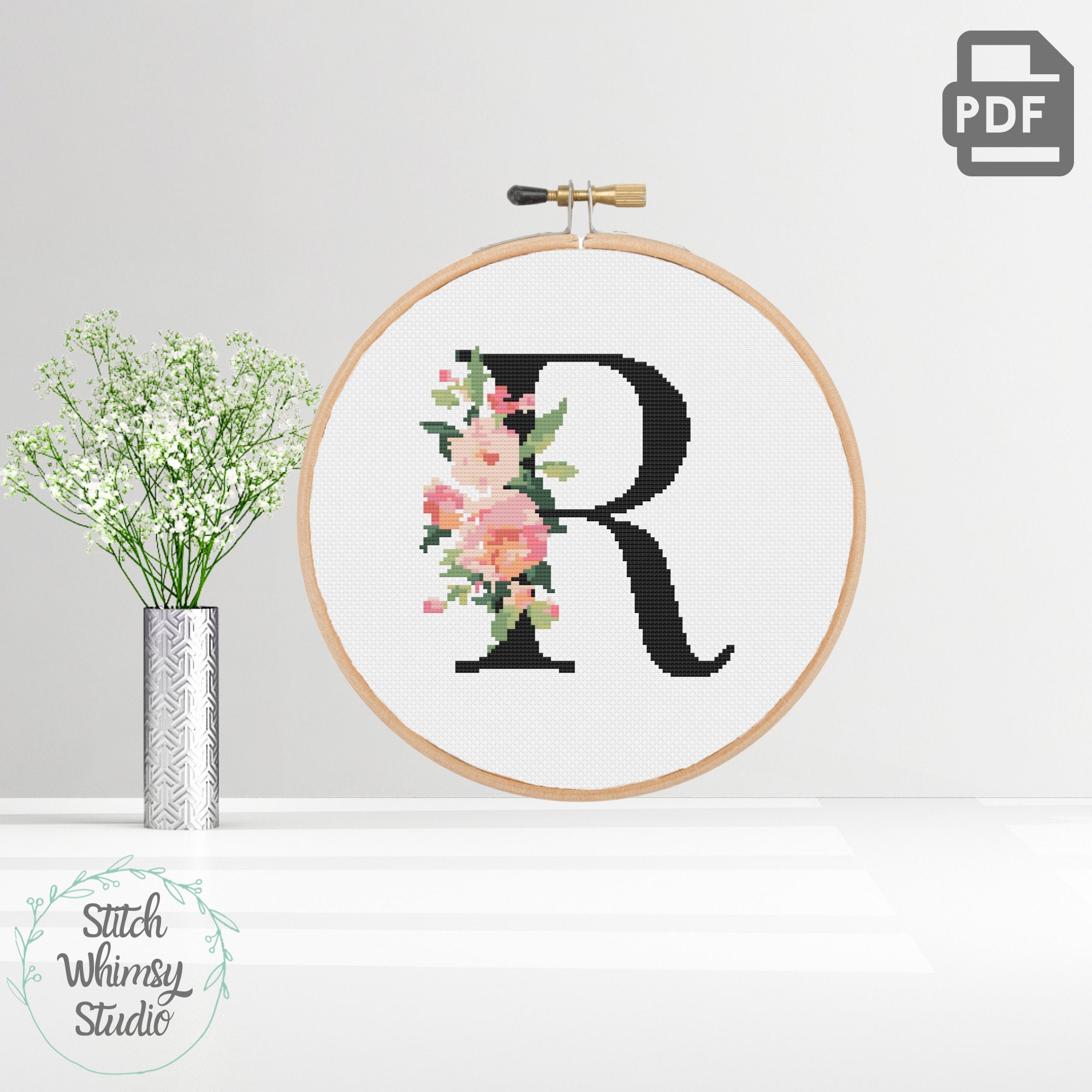 Letter R Monogram Initial Coral Peach Pink Botanical Floral Etsy