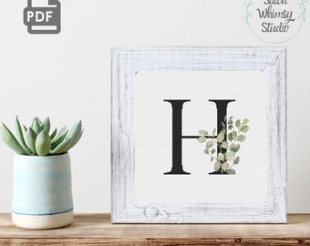 Letter H Eucalyptus Botanical Monogram Initial Counted Cross Stitch Pattern PDF Digital Download