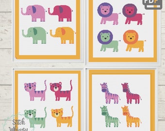 Set of 4 Safari Jungle Animals Tropical Colors Nursery Pop Art Easy Counted Cross Stitch Pattern for baby PDF Instant Digital Download