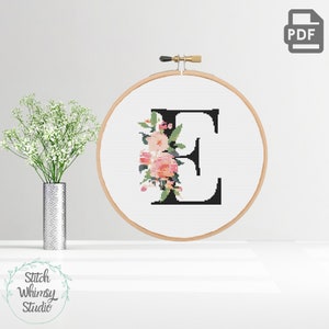 Letter E Monogram Initial Coral Peach Pink Botanical Floral Initial Counted Cross Stitch Pattern PDF Instant Digital Download a1001