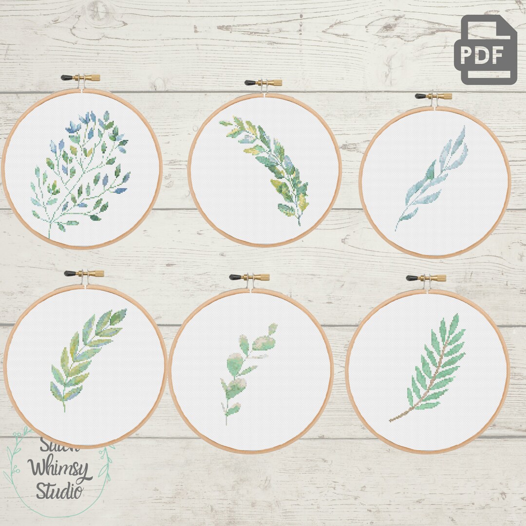 Set of 6 Watercolor Leaves Cross Stitch Modern Pattern PDF Instant ...