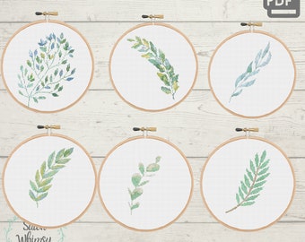 Set of 6 Watercolor Leaves Cross Stitch Modern Pattern PDF Instant Digital Download