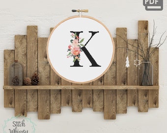 Letter K Floral Monogram Cross Stitch Pattern (PDF Digital Download)