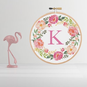 K Initial Monogram Pink Peony Floral Wreath, Baby Girl Nursery Modern Counted Cross Stitch Pattern PDF Instant Digital Download a1003