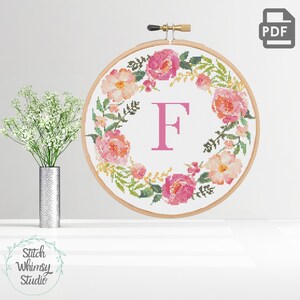 F Initial Monogram Pink Peony Floral Wreath, Baby Girl Nursery Modern Counted Cross Stitch Pattern PDF Instant Digital Download a1003