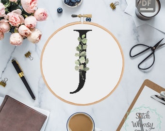 Letter J Eucalyptus Botanical Monogram Initial Counted Cross Stitch Pattern PDF Digital Download