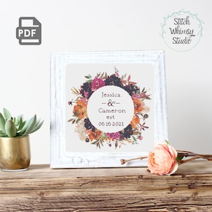 Autumn Florals Fall Wedding Date Cross Stitch Customizable Pattern PDF Instant Digital Download