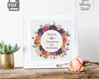 Autumn Florals Fall Wedding Date Cross Stitch Customizable Pattern PDF Instant Digital Download