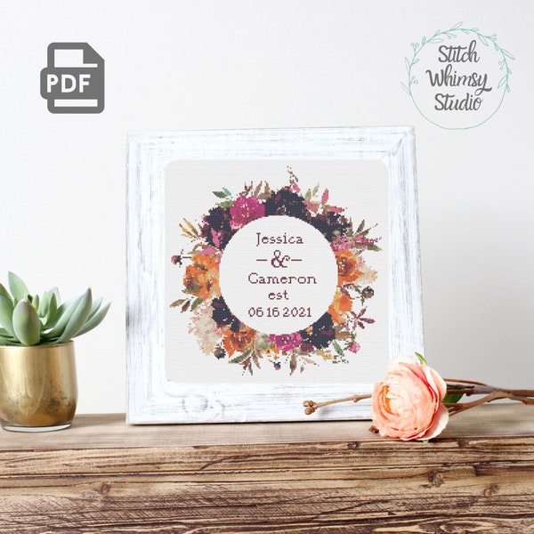 Autumn Florals Fall Wedding Date Cross Stitch Customizable Pattern PDF Instant Digital Download