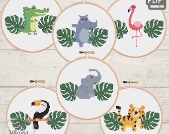 Jungle Animals Cross Stitch Pattern: Tropical Nursery Decor Set of 6 (PDF Digital Download)