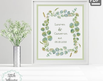 Eucalyptus Leaves Wedding Date Cross Stitch Customizable Pattern PDF Instant Digital Download