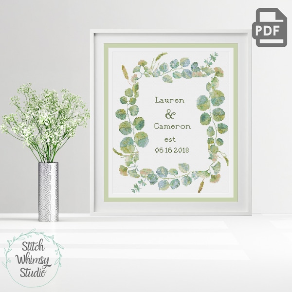 Eucalyptus Leaves Wedding Date Cross Stitch Customizable Pattern PDF Instant Digital Download