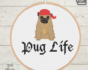 Pug Cross Stitch, Pug Life, Funny Easy Dog Cross Stitch Pattern for beginners PDF Instant Digital Download