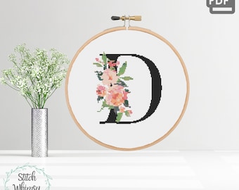 Letter D Floral Monogram Cross Stitch Pattern (PDF Download)