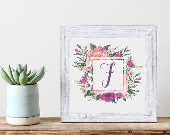 Letter F Monogram Initial Purple Pink Botanical Floral Letter Counted Cross Stitch Pattern PDF Instant Digital Download a1006
