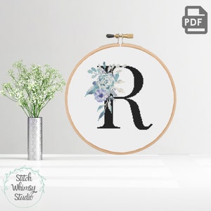 R Letra monograma inicial Teal Purple Botanical Floral, Baby Girl Nursery Modern Counted Cross Stitch Pattern PDF Descarga digital a1002