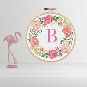 Floral Monogram Cross Stitch Pattern: Letter B, Pink Peony (PDF Digital Download)