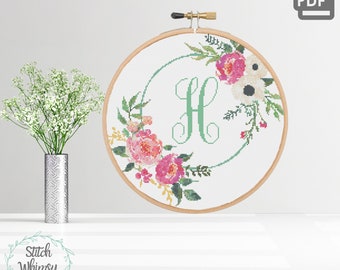 Letter H Floral Cross Stitch Pattern: Pink Peony Monogram (PDF Pattern)