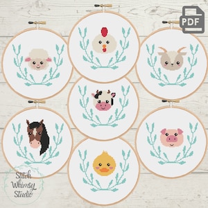 Set o 7f Nursery Farm Animals Laurel Wreath Cross Stitch Pattern for baby PDF Instant Digital Download