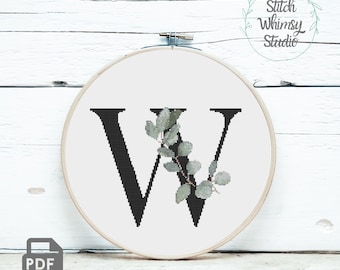 Letter W Eucalyptus Botanical Monogram Initial Counted Cross Stitch Pattern PDF Digital Download