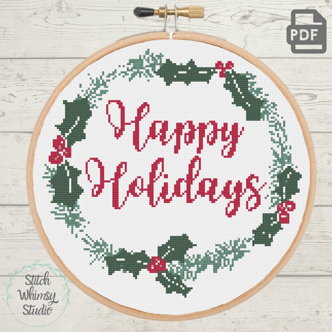 Happy Holidays Holly Wreath Easy Cross Stitch for Beginners Holiday ...