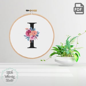 Floral Letter I Cross Stitch Pattern: Botanical Monogram (PDF Download)