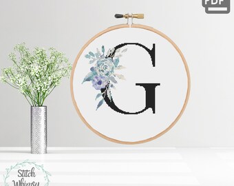 Floral Letter G Cross Stitch Pattern: Teal Purple Monogram (PDF Digital Download)
