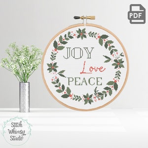 Christmas Joy Love Peace Wreath Easy Cross stitch for beginners Holiday Counted Cross Stitch Pattern PDF Instant Digital Download