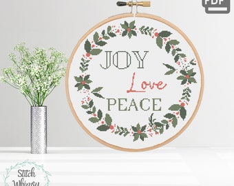 Christmas Joy Love Peace Wreath Easy Cross stitch for beginners Holiday Counted Cross Stitch Pattern PDF Instant Digital Download