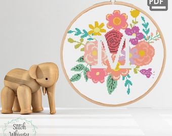 M Initial Monogram Letter Floral Pink Purple Floral, Baby Girl Nursery Modern Counted Cross Stitch Pattern PDF   Digital Download a1005