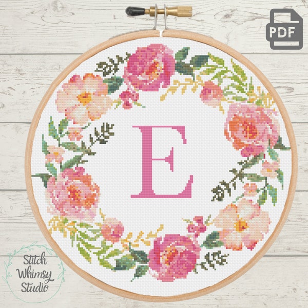 Letter E Pink Peony Floral Wreath Cross Stitch Pattern. Modern Pattern PDF Instant Digital Download a1003