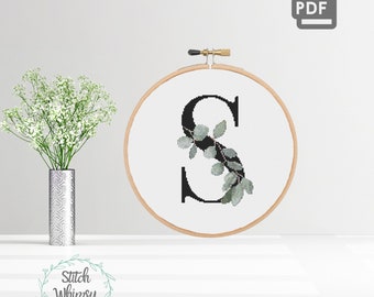 Letter S Eucalyptus Botanical Monogram Initial Counted Cross Stitch Pattern PDF Digital Download
