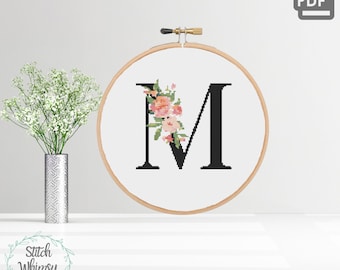 Floral Letter M Cross Stitch Pattern: Peach Pink Monogram (PDF Download)
