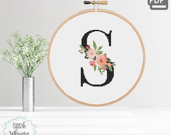 Letter S Monogram Initial Coral Peach Pink Botanical Floral Initial Counted Cross Stitch Pattern PDF Instant Digital Download a1001