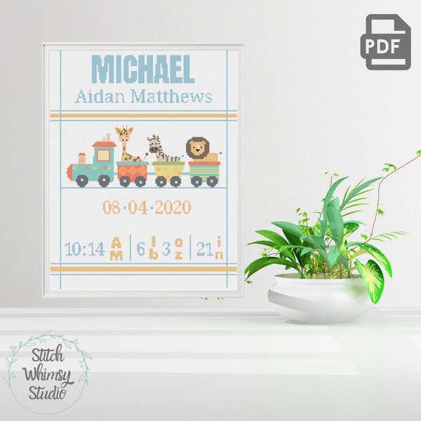 Baby Boy Nursery Jungle Zoo Safari Animal Train DIY Personalized Counted Cross Stitch Pattern PDF Instant Digital Download