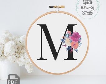 Floral Letter M Cross Stitch Pattern: Botanical Monogram (PDF Digital Download)