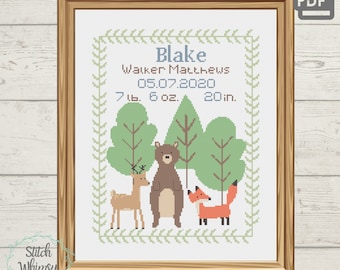 Forest Animal Birth Announcement Cross Stitch Pattern (Digital Download)