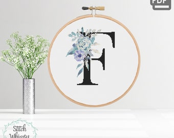 Floral Letter F Cross Stitch Pattern: Teal Purple Monogram (PDF Digital Download)