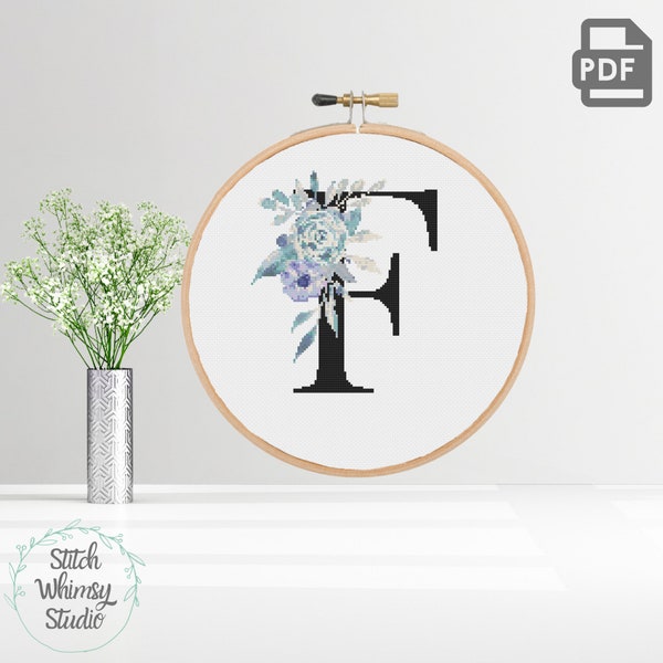 F Initial Monogram Letter Teal Purple Botanical Floral, Baby Girl Nursery Modern Counted Cross Stitch Pattern PDF   Digital Download a1002